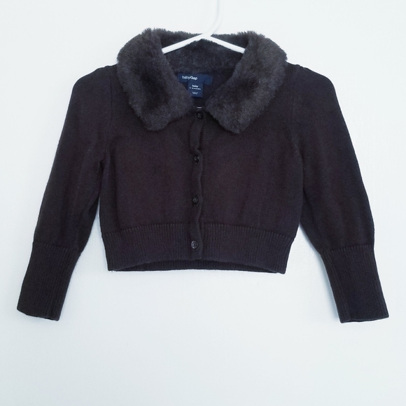 Baby GAP Brown Cardigan Sweater Faux Fur Collar Size 6-12 Months - Picture 1 of 10